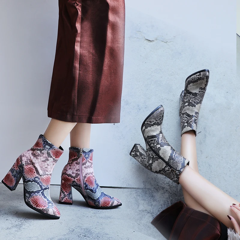 Женские ботинки на высоком каблуке, ботильоны из змеиной кожи, обувь на молнии, зимние ботинки на толстом каблуке, женские ботинки челси, 2019