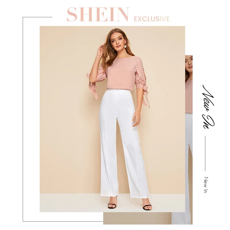 SHEIN цельный жемчуг бисер сбоку браслет с узелком Элегантная блузка женские топы осень Половина рукава базовые блузки для молодых девушек