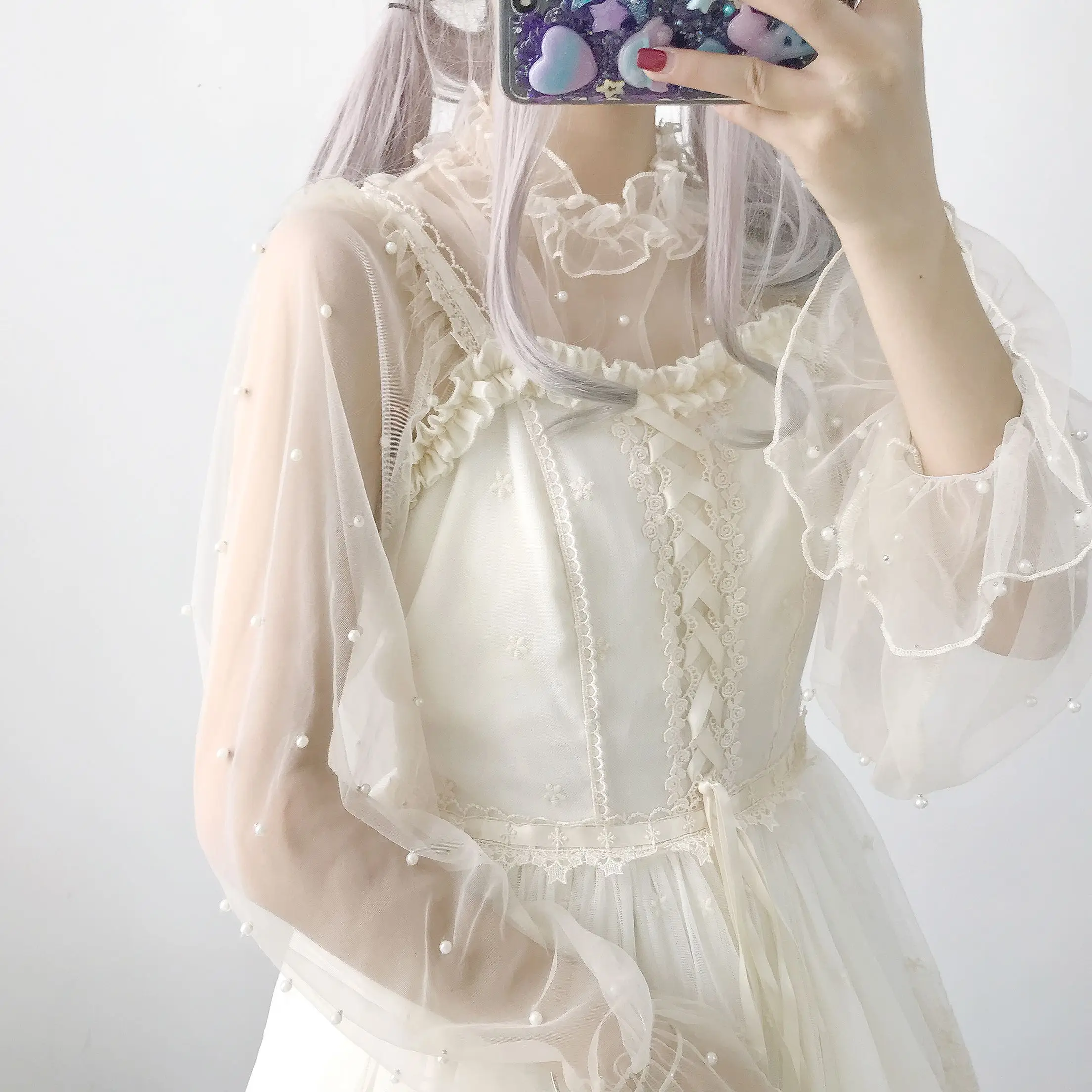 

Lolita pearl lotus leaf long-sleeved lace lace gauze sunscreen blouse fairy sweet bottoming shirt top