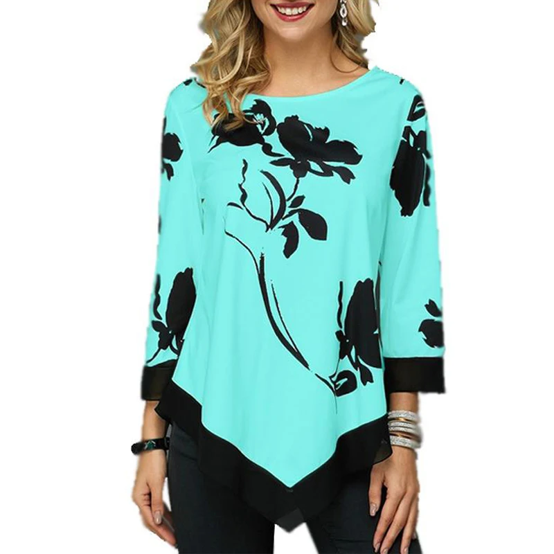Женская блузка рубашка весна осень с принтом круглым вырезом длинным рукавом
