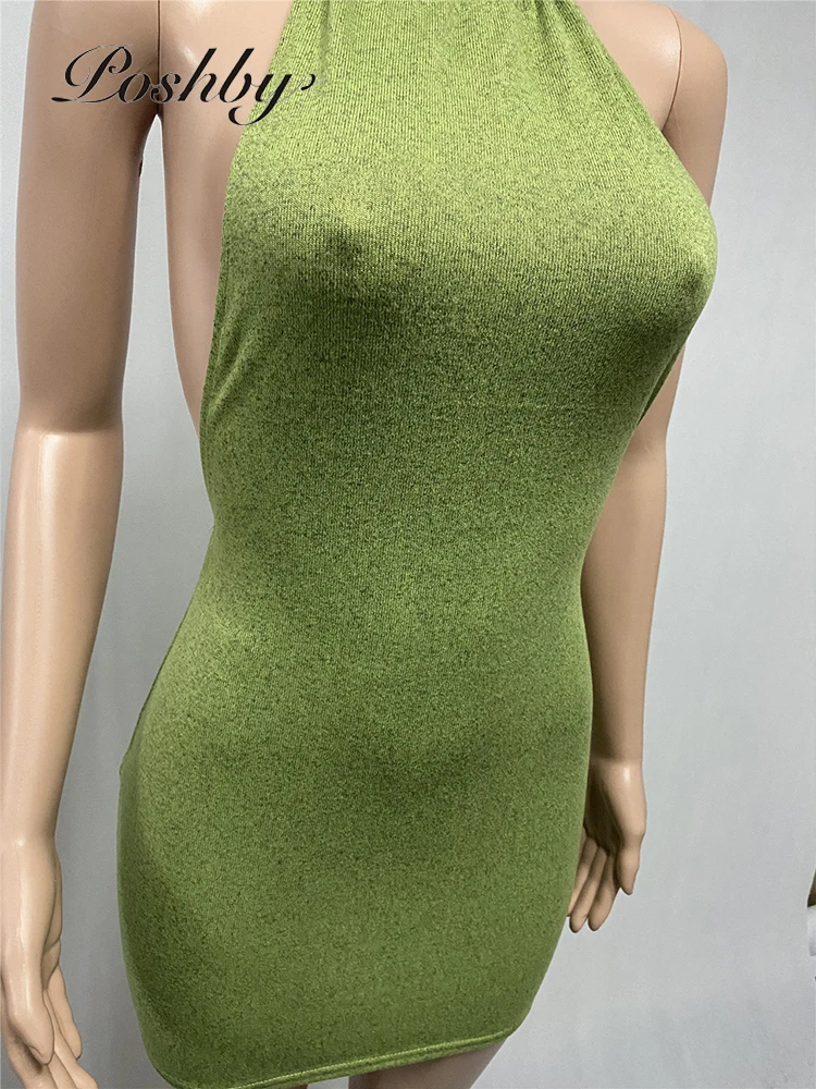 

Poshby Solid Backless Mini Dress Summer Women Halter Neck Sleeveless Off Shoulder Party Bodycon Dress Sexy Beachwear Streetwear