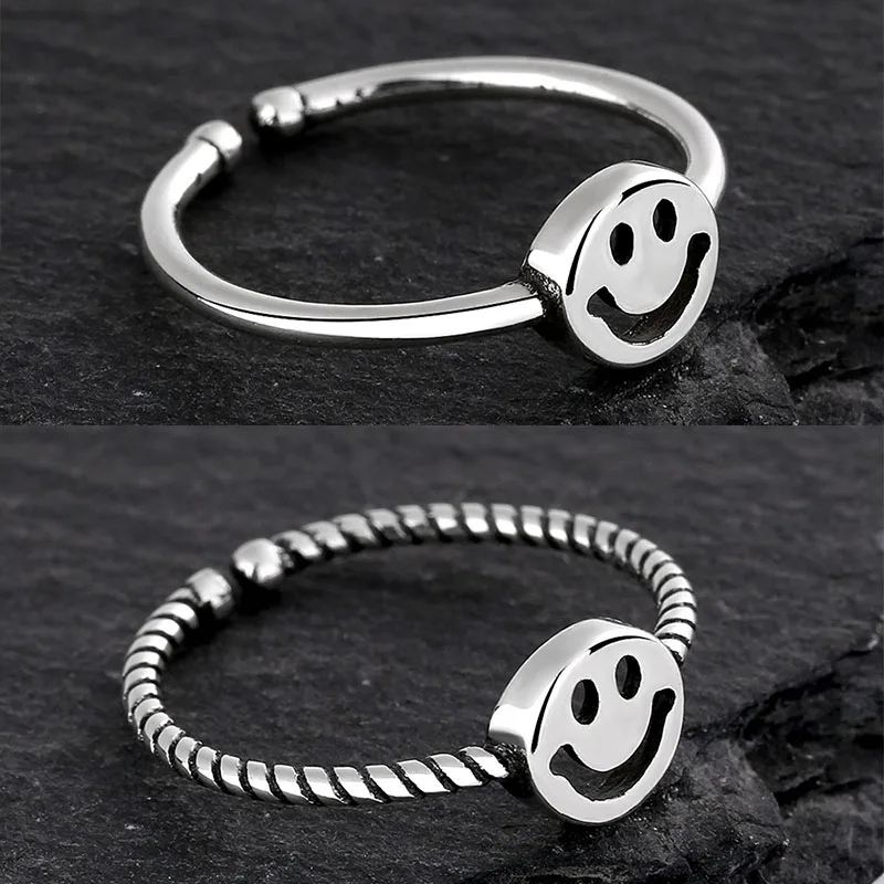 

VENTFILLE 925 Sterling Silver Rings New Trendy Hip Hop Vintage Simple Charm Couples Hollow Smiley Face Party Jewelry Wholesale