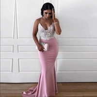 Pink Prom Dresses Spaghetti Strap Appliques Sexy Mermaid Prom Gowns Backless Formal Vintage Party Dresses 2021
