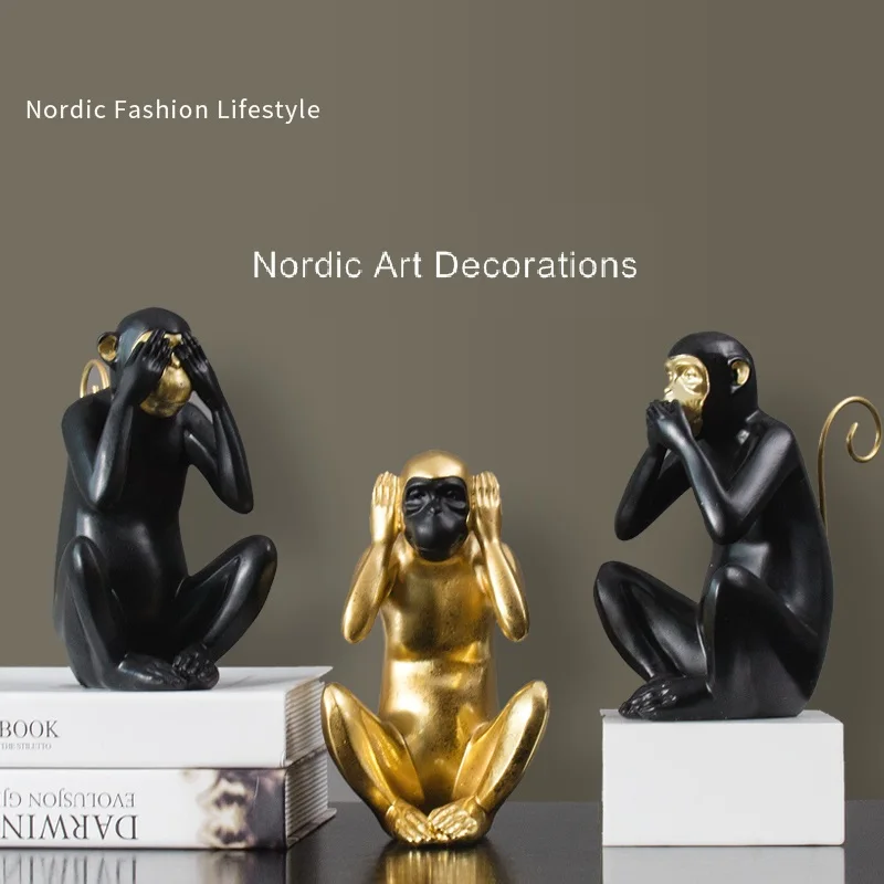 

CUTE MONKEY STATUE COVER EYES COVER EARS COVER MOUTH ANIMAL SCULPTURE MODERN ART ORNAMENT NORDIC STYLE HOUSE DECOR