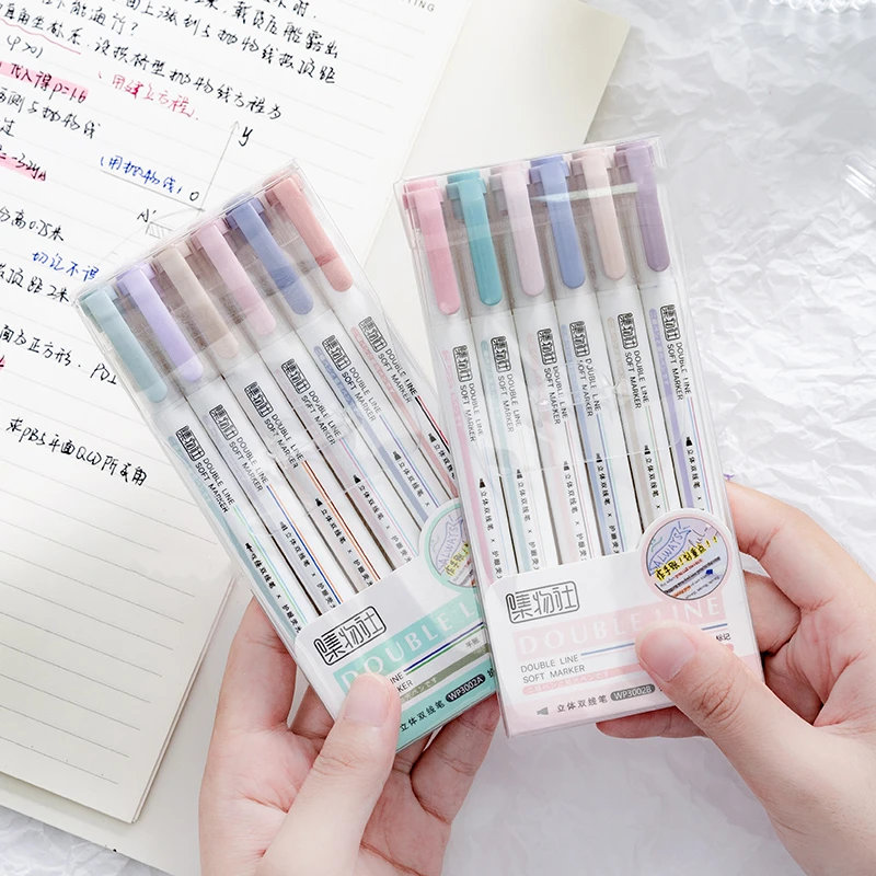 

6pcs 2 Line Highlighter Marker Pens Set Dual Side Gel & Color Marker for Art Drawing Spot Liner Office School F6295