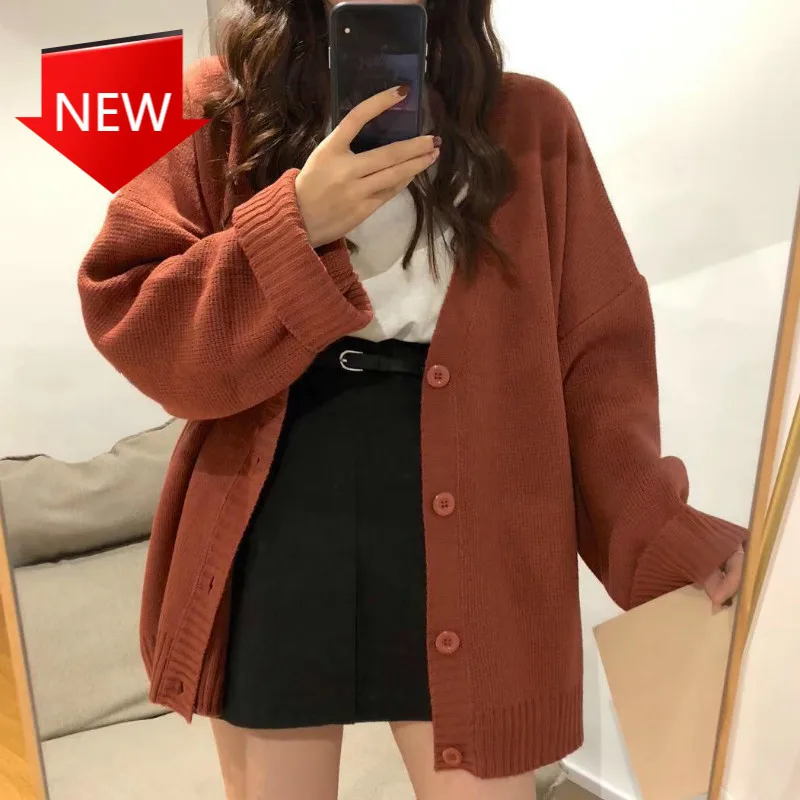 

Solid Button Oversize Retro Lazy Students Korean Style Fashion All-match Simple Sweater Female Cardigan Women Full Sleeve V-neck