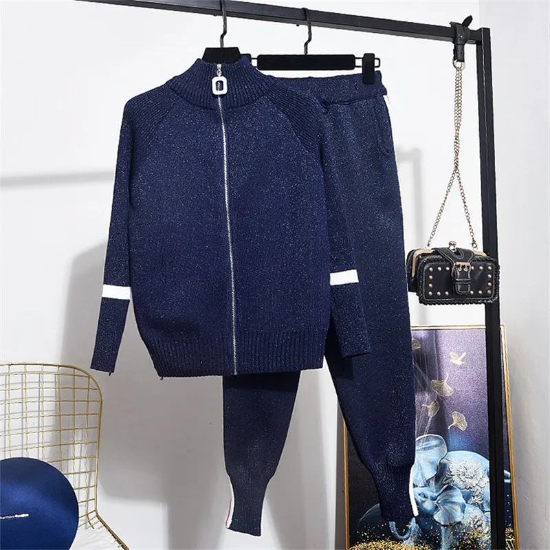 Fashion Turtleneck Sports Knitting Tracksuit Set Women Casual Loose Bright Wire Knitted Cardigan Long Pants Two Piece Female |