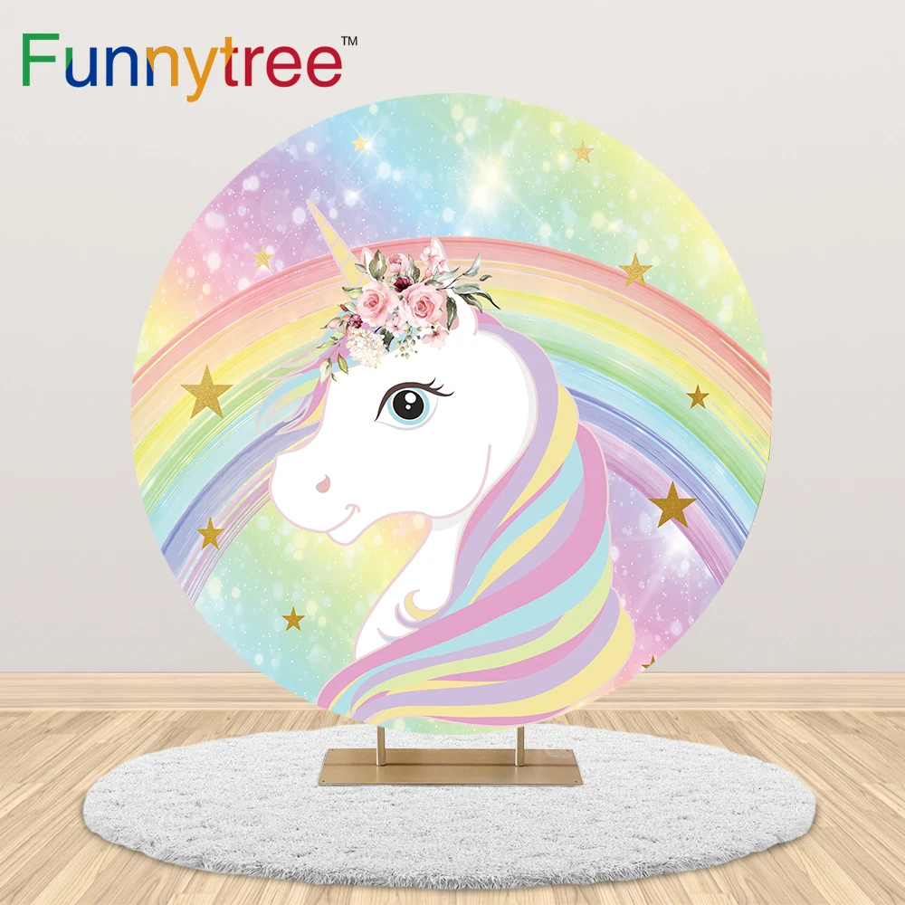 

Funnytree фон с единорогом День рождения розового цвета, туфли небесно-цветочным принтом Радуга Baby Shower фотографии круглый задний план скатерти ...