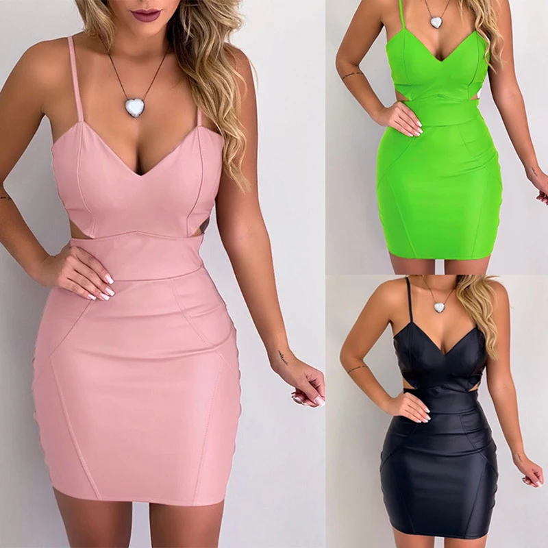 

Sexy Ladies PU Leather Dress VNeck Thin Suspender Low Cut Show Waist Slim Woman Skirt Fashion Stitching Solid Color Female Dress