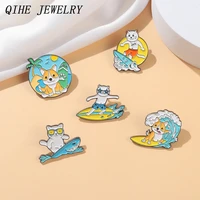 surfing cat dog enamel pins corgi shark sea beach custom brooches badge lapel pin accessories backpack gift friends jewelry