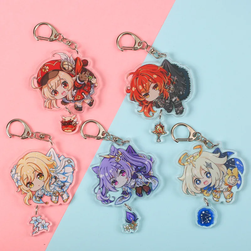 

Game Genshin Impact Q Version Keychain Anime Cute Character Diluc Klee Paimon Car Pendant Keyring Traveler Acrylic Keychains