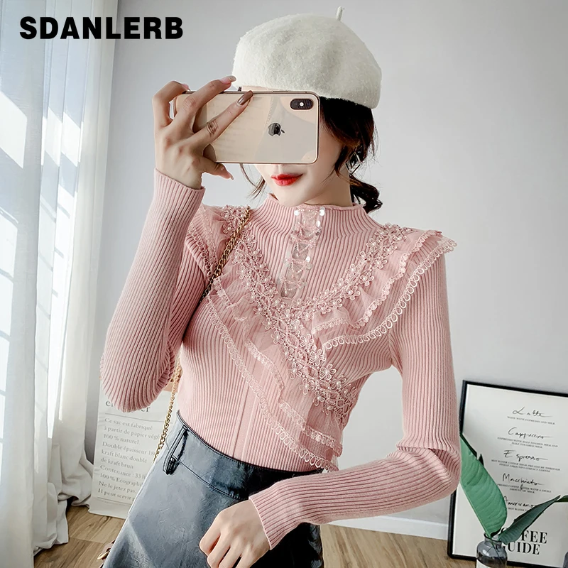 

Вязаная нижняя рубашка, Осень-зима 2021, кружевная Облегающая водолазка с оборками, блестками и бусинами, пуловер для женщин