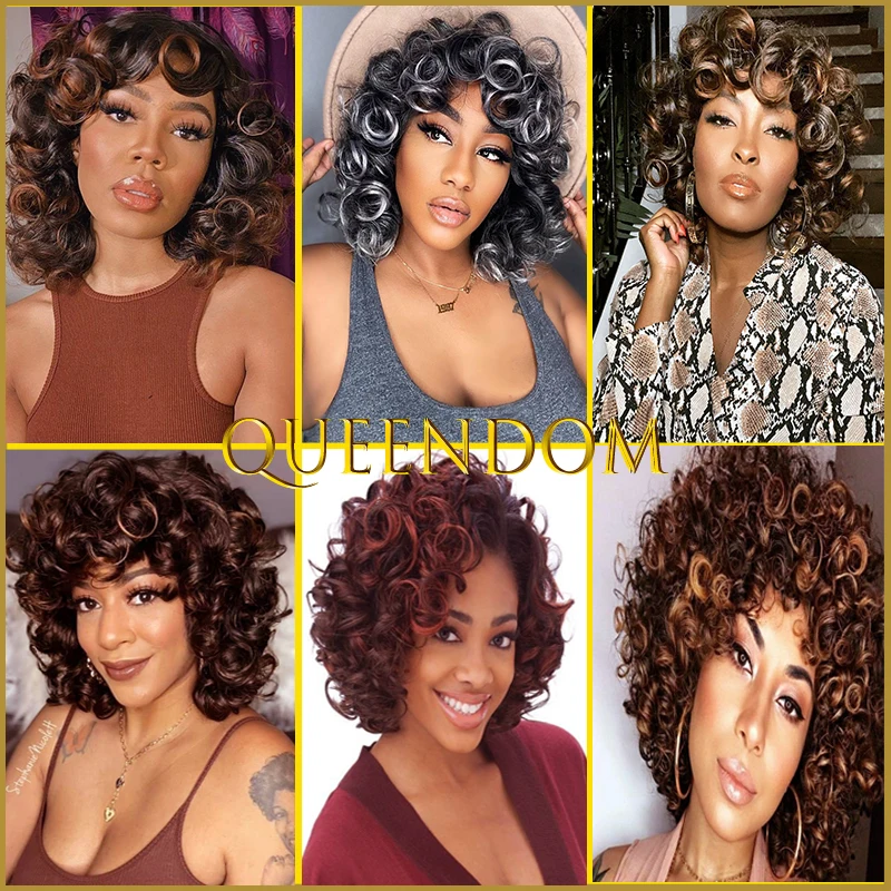 14inch Short Kinky Curly Bob Women's Wig Ombre Brown Deep Female African American Synthetic Afro Curls Cosplay Red | Шиньоны и