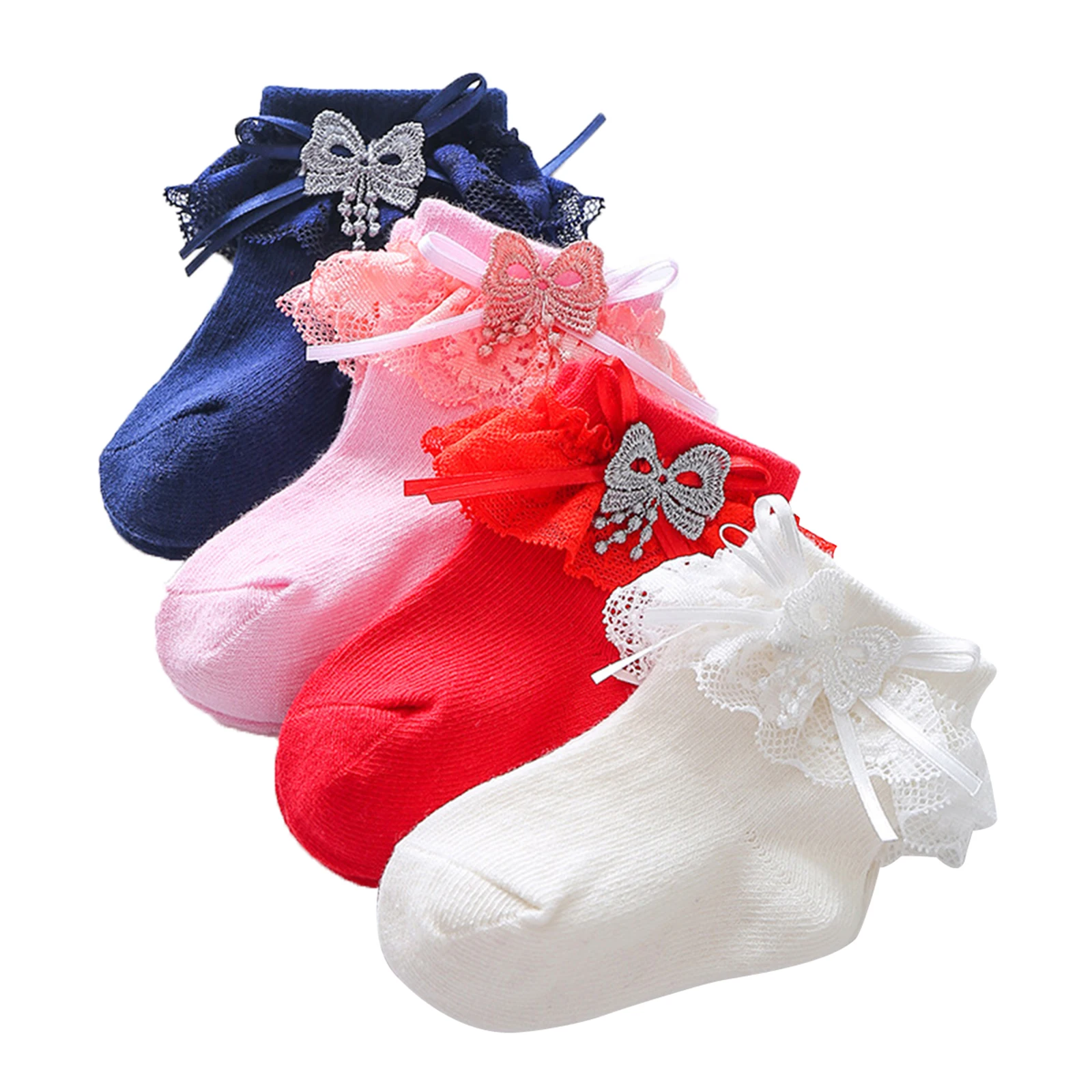 Calcetines de algod&oacute;n suave para beb&eacute; reci&eacute;n nacido, medias de princesa de encaje s&oacute;lido con volantes, para oto&ntilde;o e invierno, de 0 a 3 a&ntilde;os-1