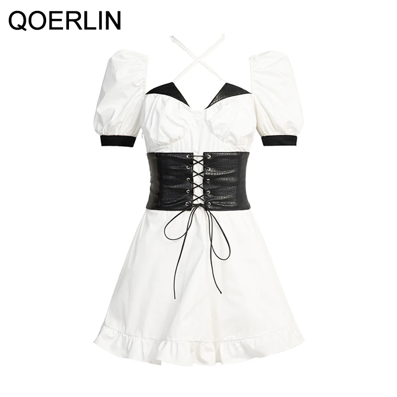 

QOERLIN High End Lace-Up White Dress Women Summer Halter Short Sleeve Short Mini Dress Female Fashion Puff Sleeve Vestidos Mujer