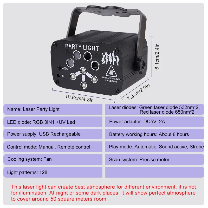 

128 Pattern Projector Lights RGB Disco Light USB Rechargeable for Wedding Birthday DJ Party Stage Lamp Red Blue Green