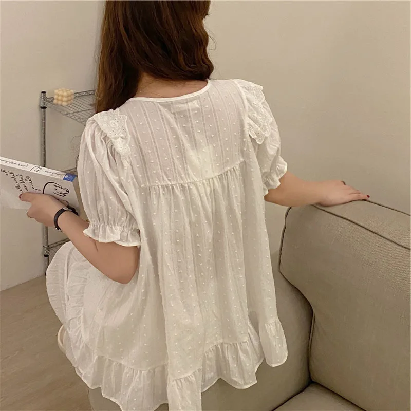 Korean Women's Pajamas Sets All Cotton Court Breeze Lace Nightgown Princess Wind Short Sleeve Capris Home Suit Female Sleepwear