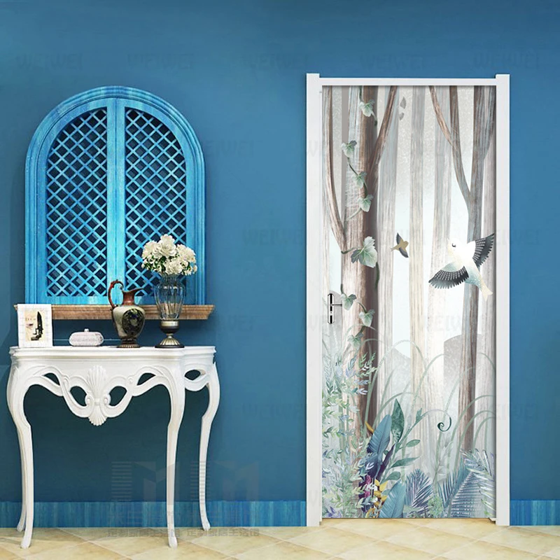 Наклейка на дверь сделай сам винтажные цветы птица фотообои ПВХ