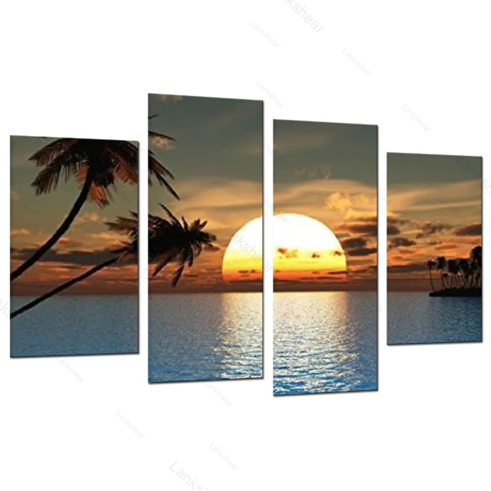 

Hd Printed Modern Canvas Living Room Pictures 4 Panel Sunset Ocean View Painting Wall Art Modular Poster Framework Home Decor