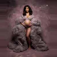 lush gray tulle long robe pregnant women gowns see thru front slit ruffles fluffy maternity dress with flare long sleeves