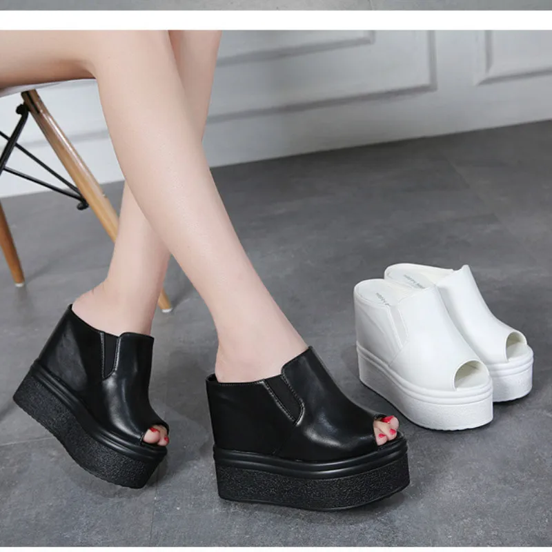 2020 Summer New Fashion Sexy Fish mouth Non-slip Sponge cake Wedges Thick bottom Shallow Slides Solid Outside 13cm High Heels