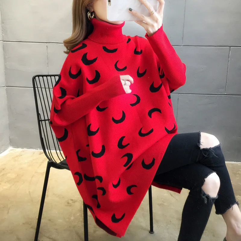 

Moon Pattern Colorblock Sweater Femal Bat Sleeve High Collar Loose Large Size Side Slit Mid-length Pullover Jumpers Women Spring