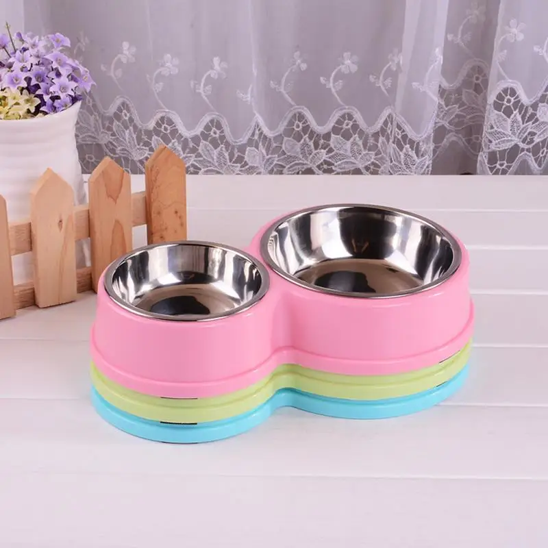 

Double Pet Bowl Non-Slip Cat Water Bowl Dog Food Bowl Stainless Steel Liner Bowl With Plastic Holder Water Food Feeder