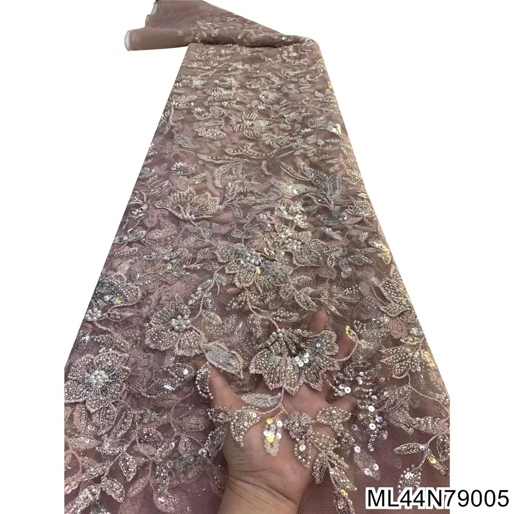 

2021 latest nigerian lace fabrics women's fashion african tull luxury handmade lace beads sequin wedding fabric 5 yards ML44N790