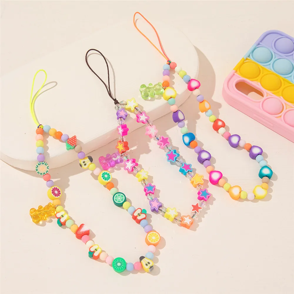 

Women Cute Bear Heart Star Beads Lanyard Strap for Phone Case Chains Boho Colorful Anti-lost Handmade Soft Pottery Hanging Cord