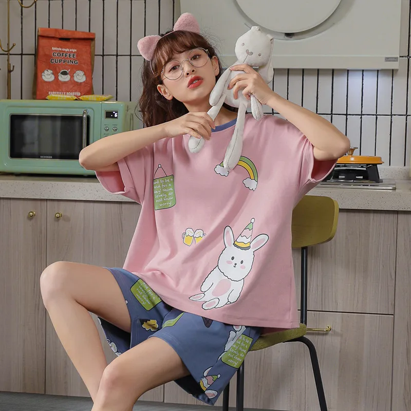 

BZEL Summer Women's Pajamas Set Girls Cotton Sleepwear Cartoon Casual Home Suit With Shorts Pijamas Mujer Pyjamas Cute Nightwear