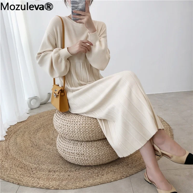 

Mozuleva 2022 Autumn Lantern Sleeve Knitted Woman Long Pleated Dress Winter Thick O-Neck Loose Female Sweater Dress High Quality