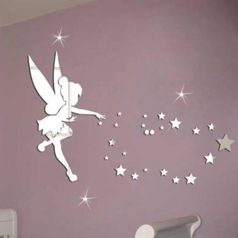 Fairy Wall Mirror Acrylic Mirrored Decorative Tinker Bell Wall Stickers  Living Room Bedroom 3D Mirror Wall Sticker Home Decor