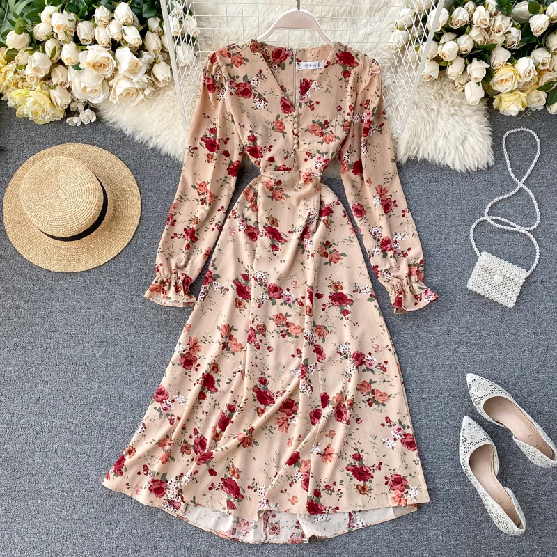 Винтажный тонкий 2021 V образным вырезом сезон: весна лето платье миди с цветочным