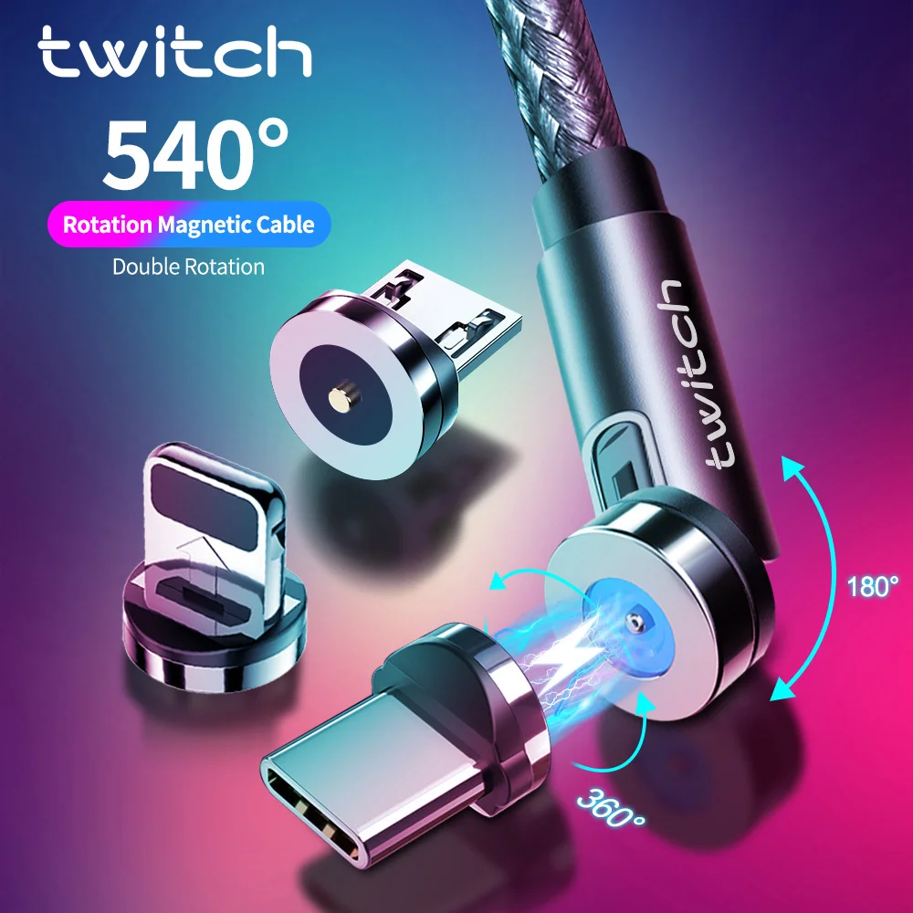 Магнитный зарядный кабель Twitch 3 в 1 для Huawei iPhone Micro Type C А провод Samsung вращающийся