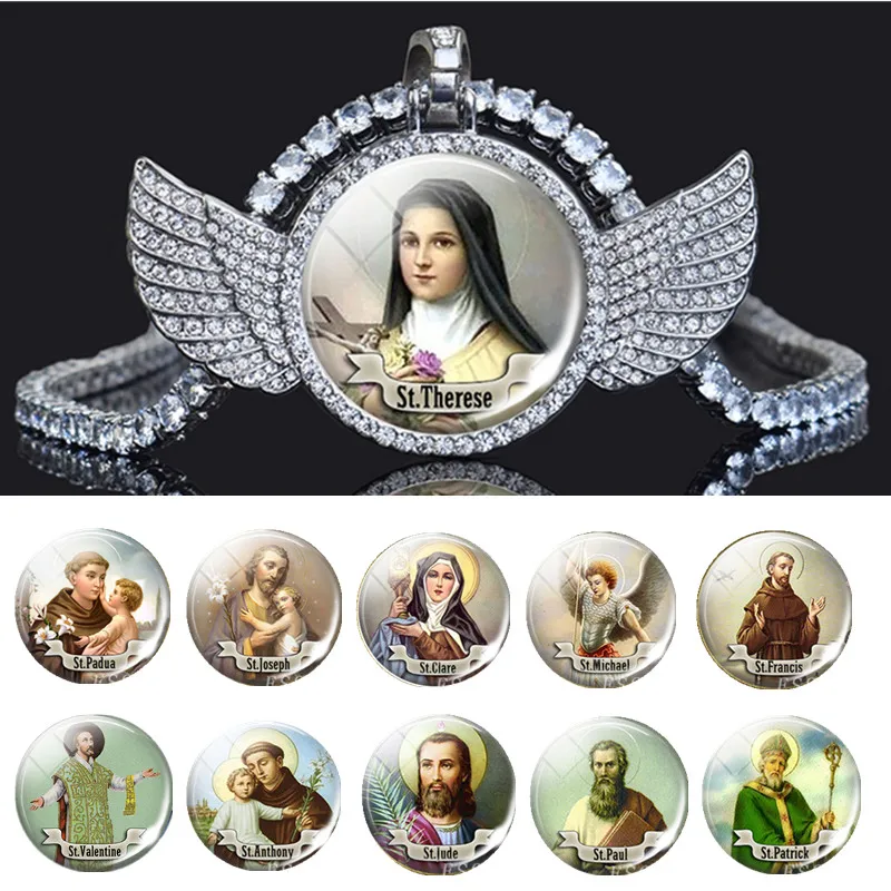 Christian Saint Jewelry St Michael St.therese Glass Cabochon Zircon Crystal Necklace Fashion Hip-Hop Necklace Christmas Gift