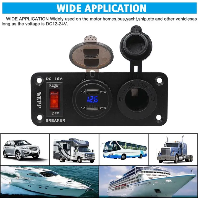

Waterproof 12V 24V Boat Truck Car LED Voltmeter 2.1A Dual USB Charger Port Cigarette Lighter Power Socket Panel With 15A ON OFF
