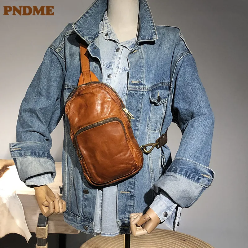 PNDME retro luxury natural genuine leather men's chest bag casual sports crossbody bag outdoor first layer cowhide shoulder bag