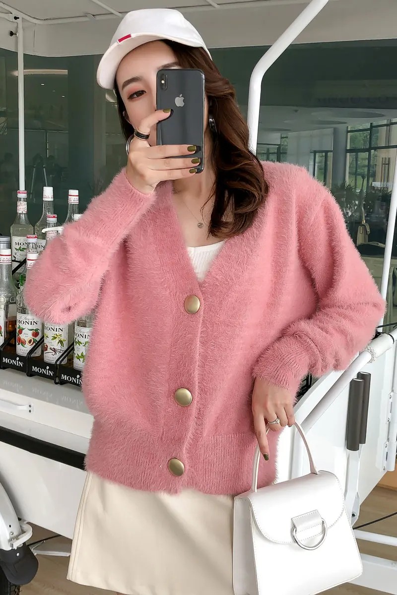 

New Korean Elegant Mink Cashmere Cardigan Women 2020 Fashion Pearl Button Lantern Sleeve Sweater Cardigan Warm Jumpers