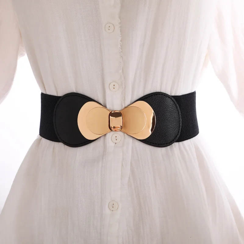

Luxury Belt Elastic Band For Women Fashion Waist Belt Stretch Dress Wide Belts Golden Buckle Waistband Women's Elastic Belt
