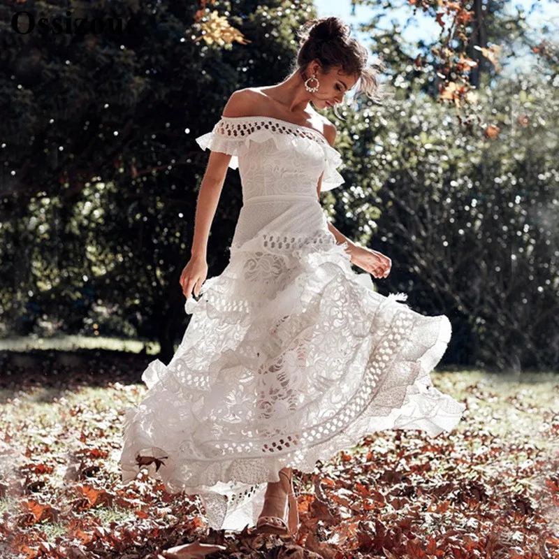 

Off The Shoulder Vintage Lace Wedding Dresses A Line Bohemian Illusion Bridal Dress YSAN620