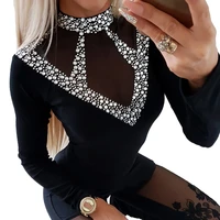 knitted turtleneck top hollow out mesh spliced sequined tops women sexy long sleeves solid patchwork elegant diamond tee tops