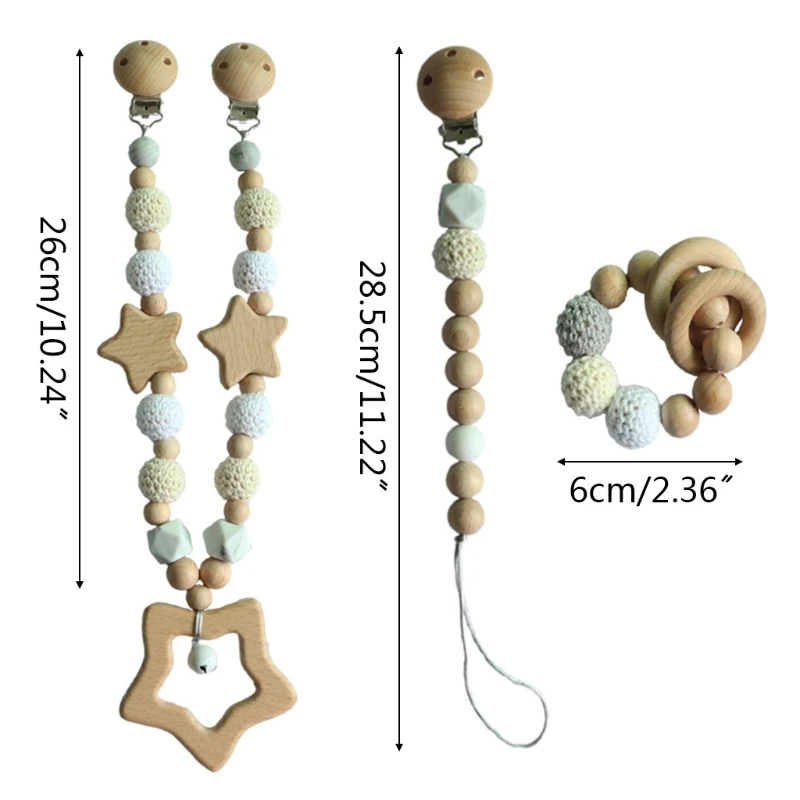 

Baby Nursing Chewing Toys Shower Gifts Pram Pendant Rattle Pacifier Chain Clip Bracelet Infants Wooden Teether