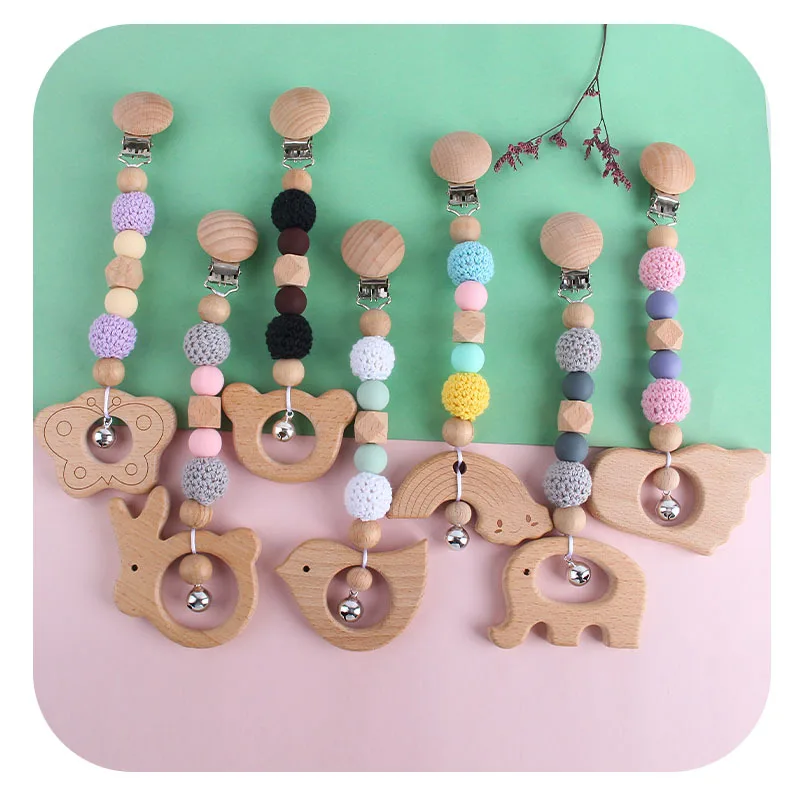 Kissteether 1 Uds beb&eacute; de madera mordedor de BPA libre haya roedor Crochet madera chupete de cuentas colgante campanas chupete cierre juguete para regalo-2
