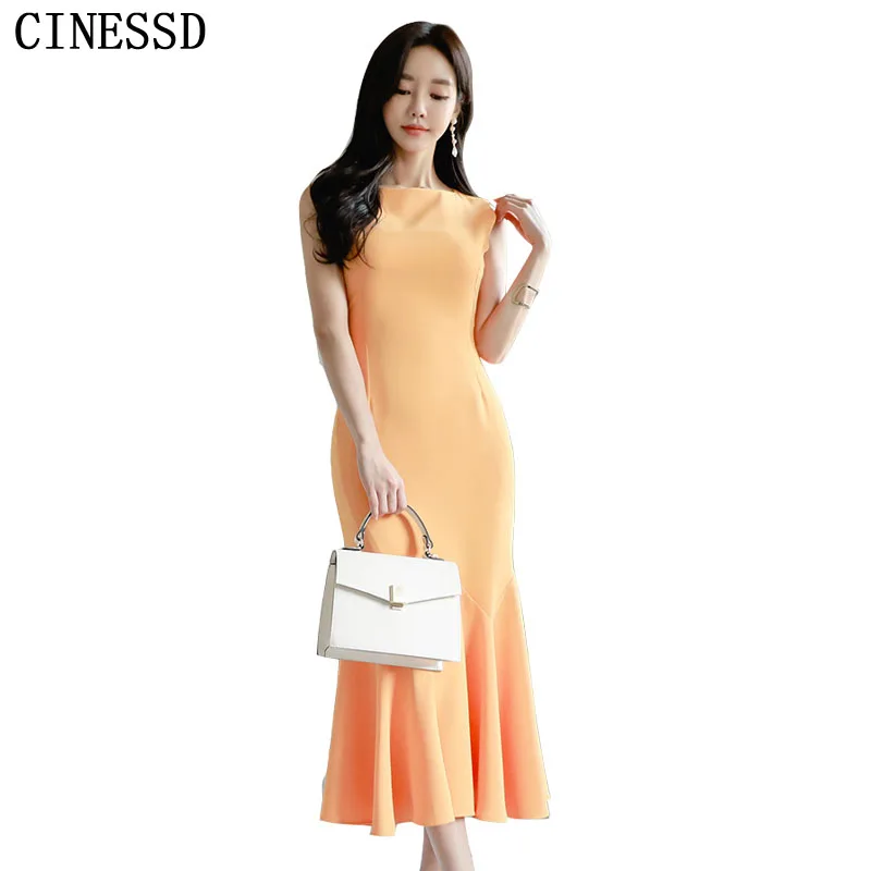 Женское длинное платье-макси CINESSD желтое Хлопковое платье без рукавов с круглым