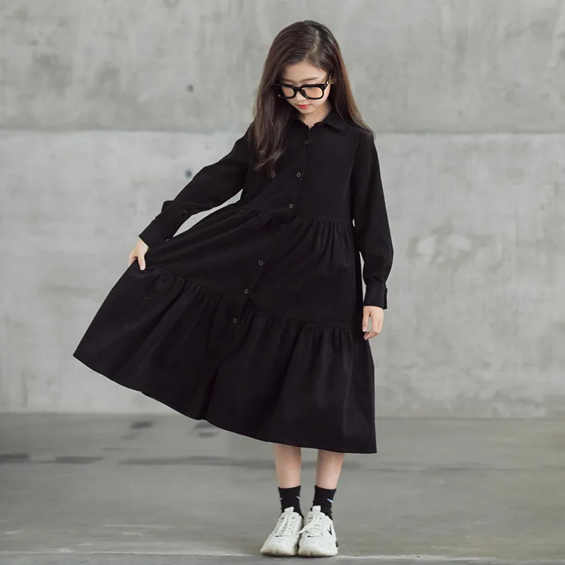

6 to 16 years kids & teenager girls fall winter polyester flare midi dress children girl fashion buttoned shirt dresses clothes