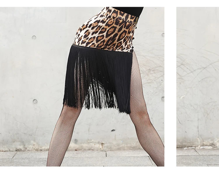 New Latin Dance Leopard Skirt Women Black Fringe Skirt Competition Tassel Costume Cha Cha Rumba Samba Dance Dress Latin BL2884
