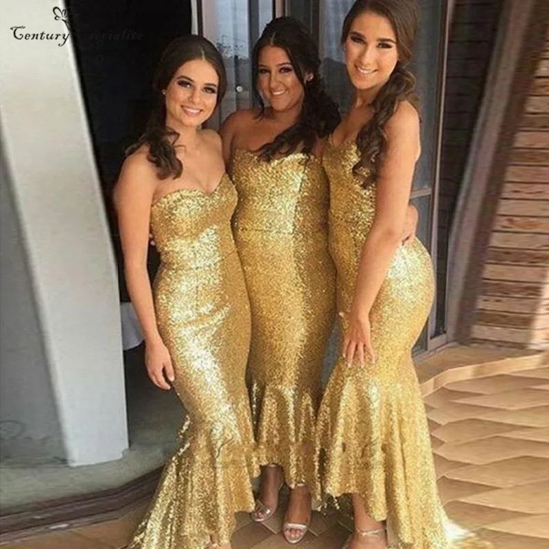 

Gold Mermaid Bridesmaid Dresses Hi-Lo Sweetheart Corset Back Charming Maid Of Honor Dress Prom Dress Wedding Guest Gowns