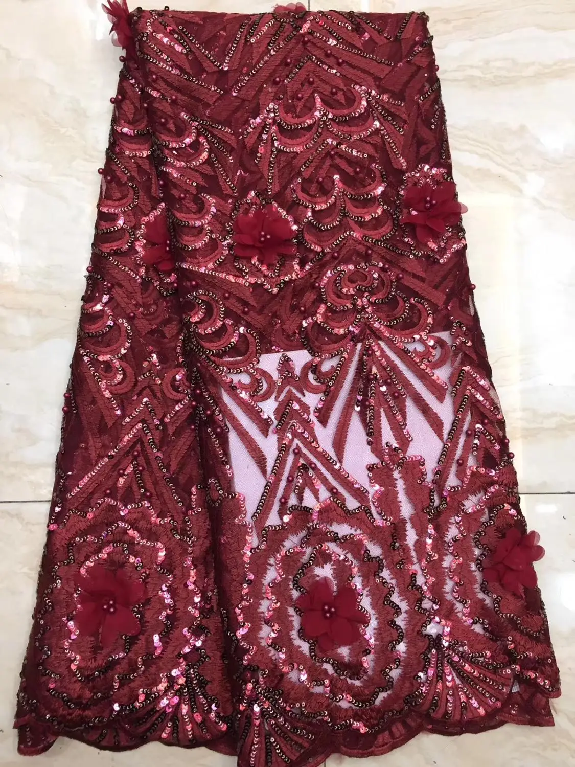 Кружевная ткань Бирюзовая африканская французская кружевная с бусинами