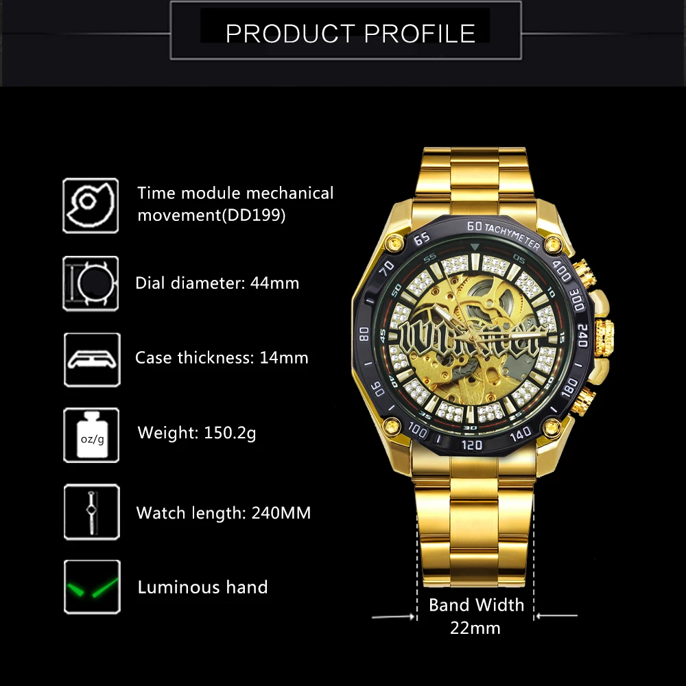 Победитель Скелет автоматические механические часы для мужчин алмаз Iced Out панк мужские s часы бренд класса люкс Золотой стальной ремешок наручные часы