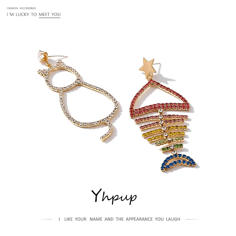 Асимметричные висячие серьги Yhpup милые в виде рыбок и кошек Стразы полые